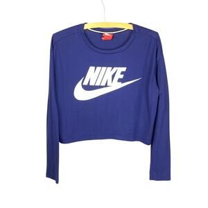 NIKE Navy Long Sleeve Athleisure Crop Top Tee - Size L